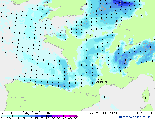 Totale neerslag (6h) ICON za 28.09.2024 00 UTC