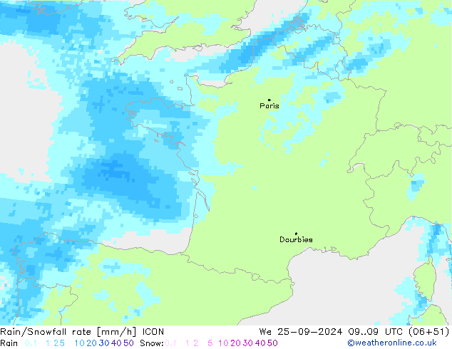 Rain/Snowfall rate ICON śro. 25.09.2024 09 UTC