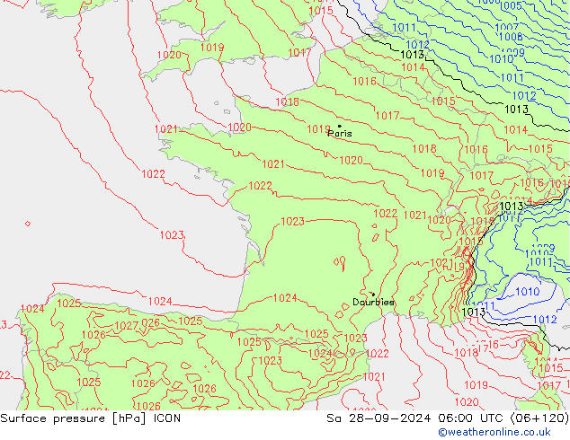 pressão do solo ICON Sáb 28.09.2024 06 UTC