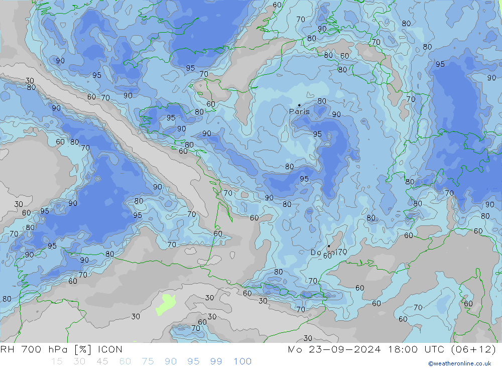 RH 700 hPa ICON Mo 23.09.2024 18 UTC