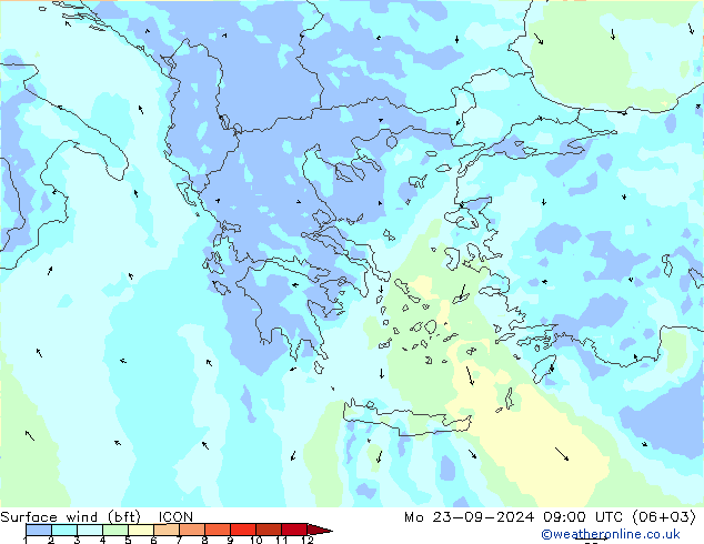 Surface wind (bft) ICON Mo 23.09.2024 09 UTC