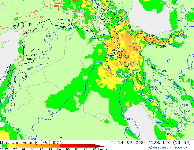 Max. wind velocity ICON Tu 24.09.2024 12 UTC