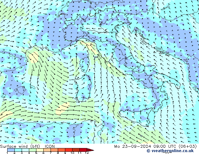 Viento 10 m (bft) ICON lun 23.09.2024 09 UTC