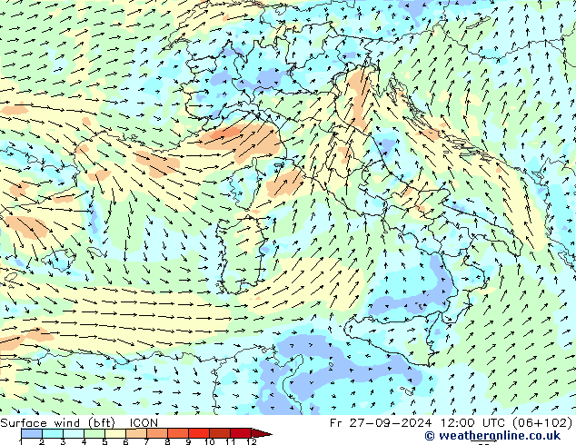 Viento 10 m (bft) ICON vie 27.09.2024 12 UTC