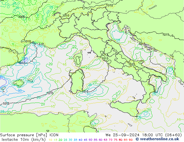 Isotachs (kph) ICON mer 25.09.2024 18 UTC