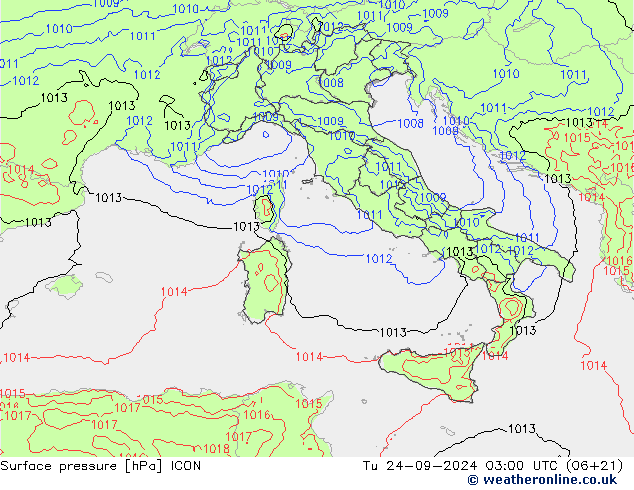 Luchtdruk (Grond) ICON di 24.09.2024 03 UTC