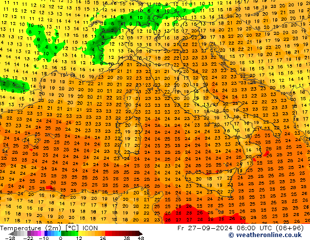 Temperatura (2m) ICON ven 27.09.2024 06 UTC