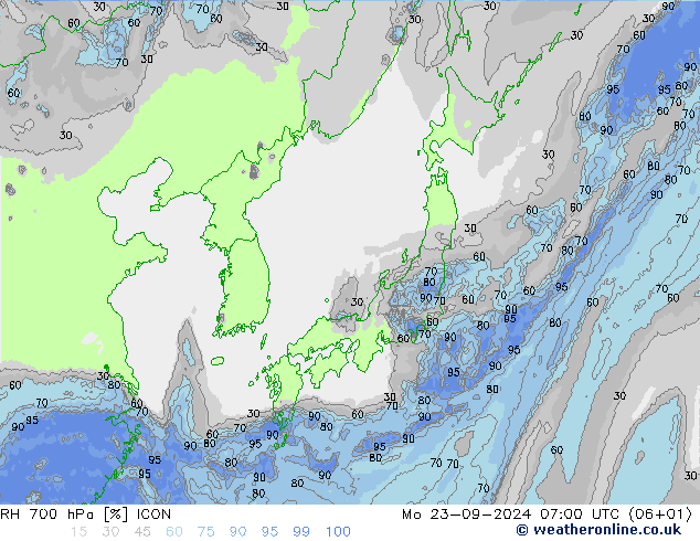 Humedad rel. 700hPa ICON lun 23.09.2024 07 UTC