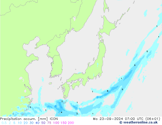 Precipitation accum. ICON Mo 23.09.2024 07 UTC