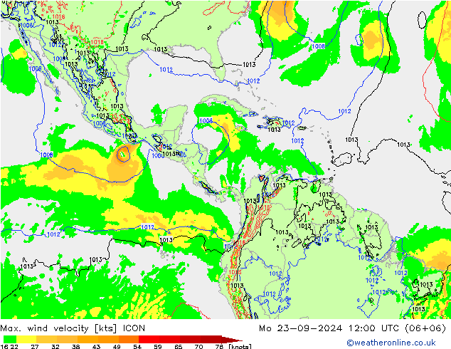 Max. wind velocity ICON Mo 23.09.2024 12 UTC