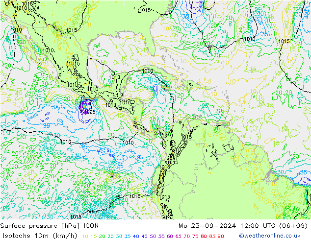 Isotachs (kph) ICON Mo 23.09.2024 12 UTC