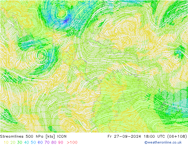 Linia prądu 500 hPa ICON pt. 27.09.2024 18 UTC