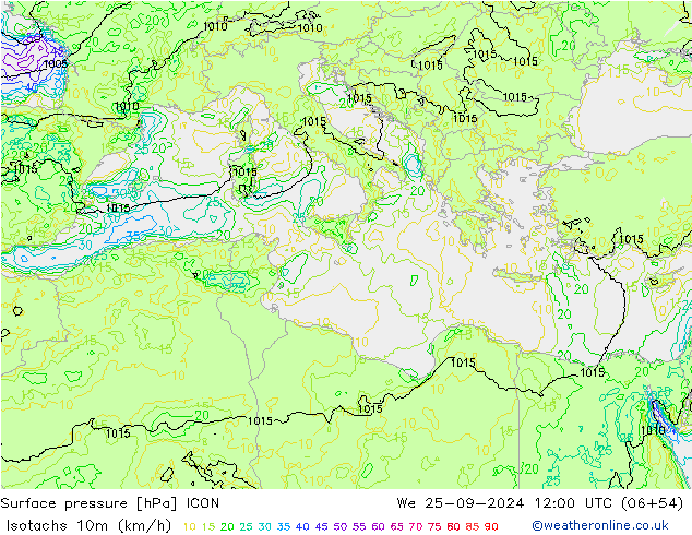 Isotachs (kph) ICON We 25.09.2024 12 UTC