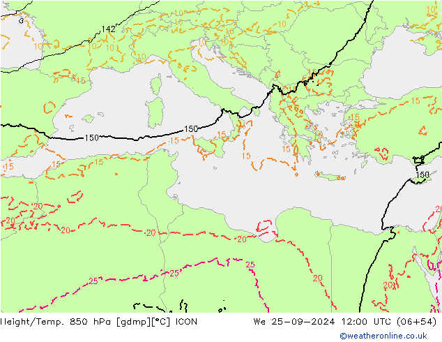 Height/Temp. 850 hPa ICON We 25.09.2024 12 UTC