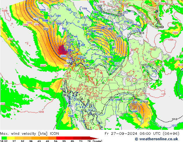 Max. wind velocity ICON Fr 27.09.2024 06 UTC