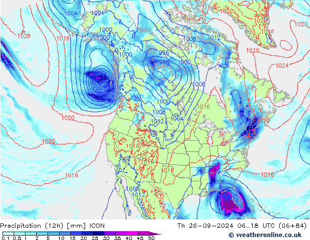 Precipitation (12h) ICON Th 26.09.2024 18 UTC