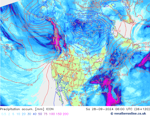 Precipitación acum. ICON sáb 28.09.2024 06 UTC