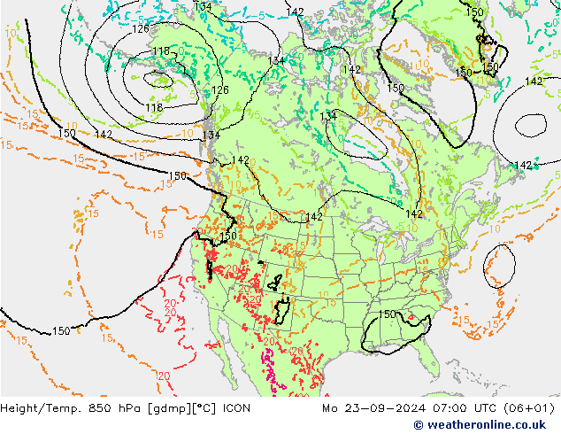 Height/Temp. 850 hPa ICON Mo 23.09.2024 07 UTC