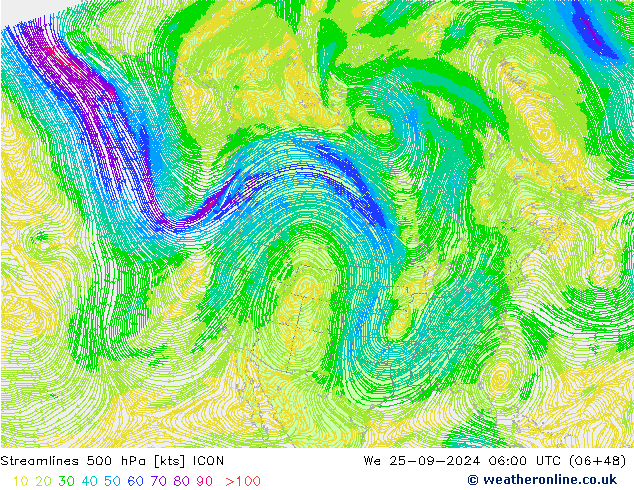 ветер 500 гПа ICON ср 25.09.2024 06 UTC