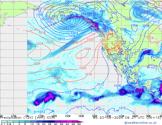 осадки (12h) ICON пн 23.09.2024 21 UTC