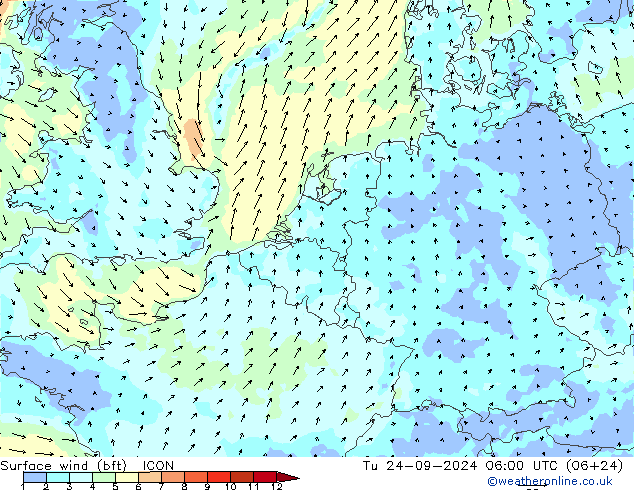 Surface wind (bft) ICON Tu 24.09.2024 06 UTC