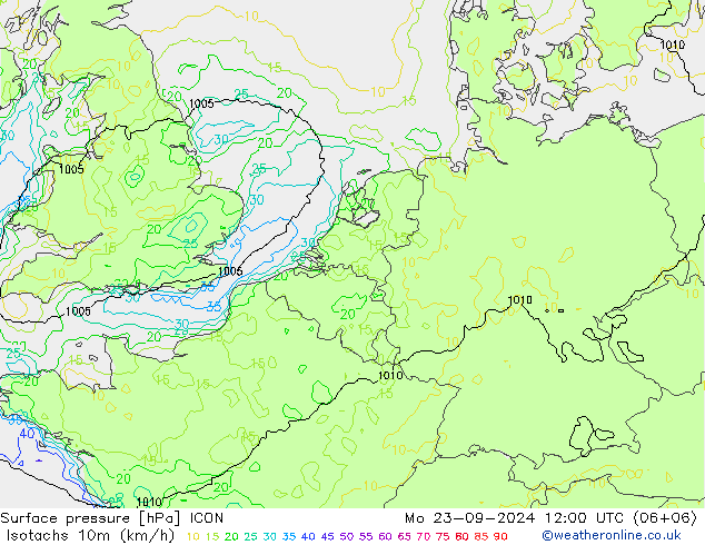 Isotachs (kph) ICON Seg 23.09.2024 12 UTC