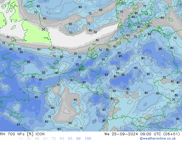 Humedad rel. 700hPa ICON mié 25.09.2024 09 UTC