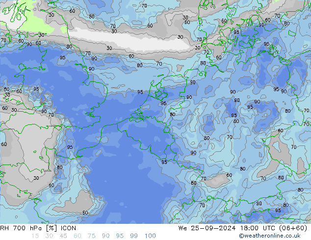 RH 700 hPa ICON mer 25.09.2024 18 UTC