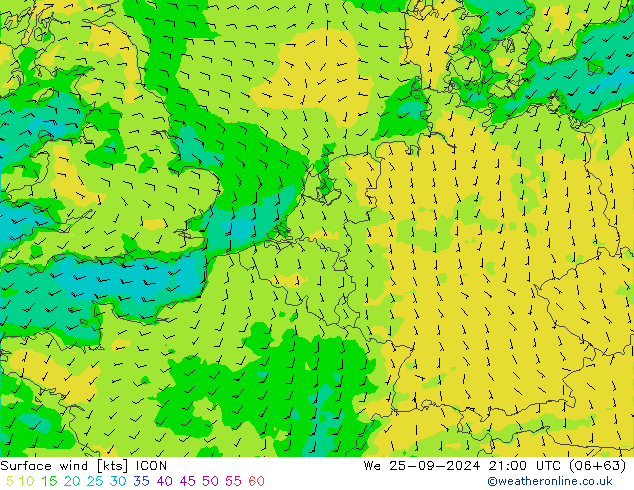 Surface wind ICON We 25.09.2024 21 UTC