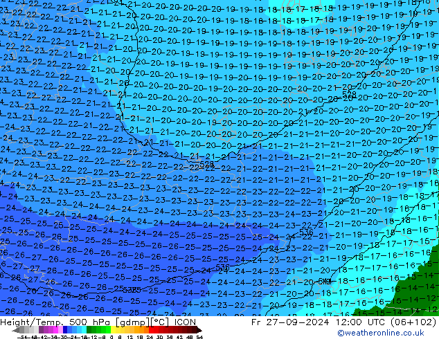 Height/Temp. 500 hPa ICON Fr 27.09.2024 12 UTC