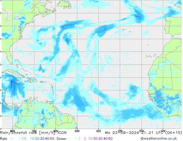 Rain/Snowfall rate ICON Mo 23.09.2024 21 UTC