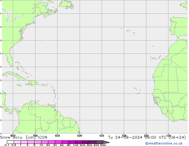 Глубина снега ICON вт 24.09.2024 06 UTC