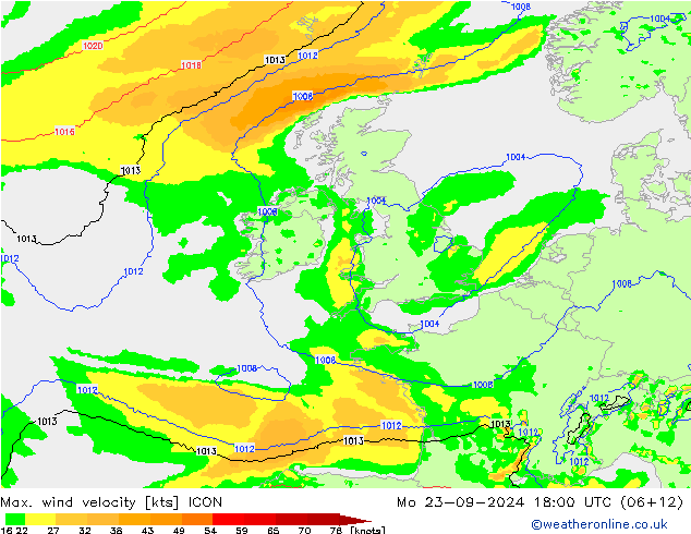 Max. wind velocity ICON пн 23.09.2024 18 UTC