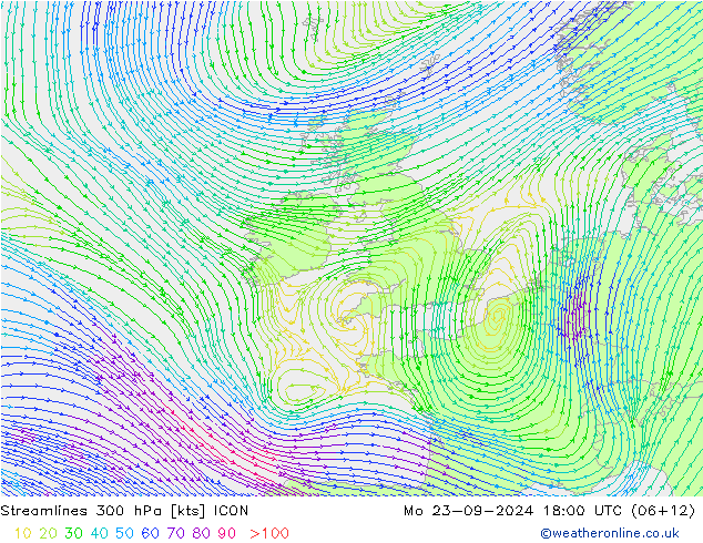 Streamlines 300 hPa ICON Mo 23.09.2024 18 UTC