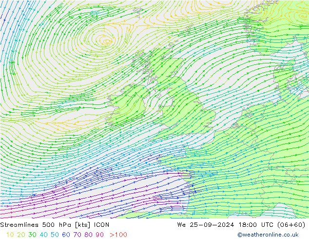 Ligne de courant 500 hPa ICON mer 25.09.2024 18 UTC