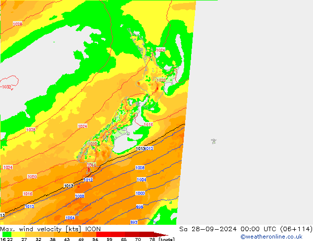 Max. wind velocity ICON sab 28.09.2024 00 UTC