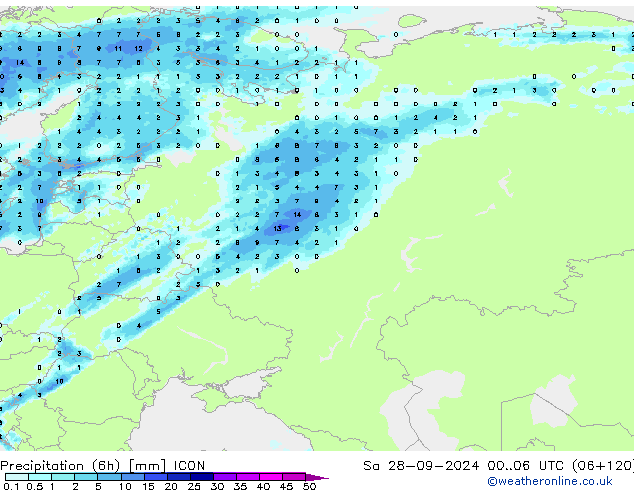 Precipitazione (6h) ICON sab 28.09.2024 06 UTC