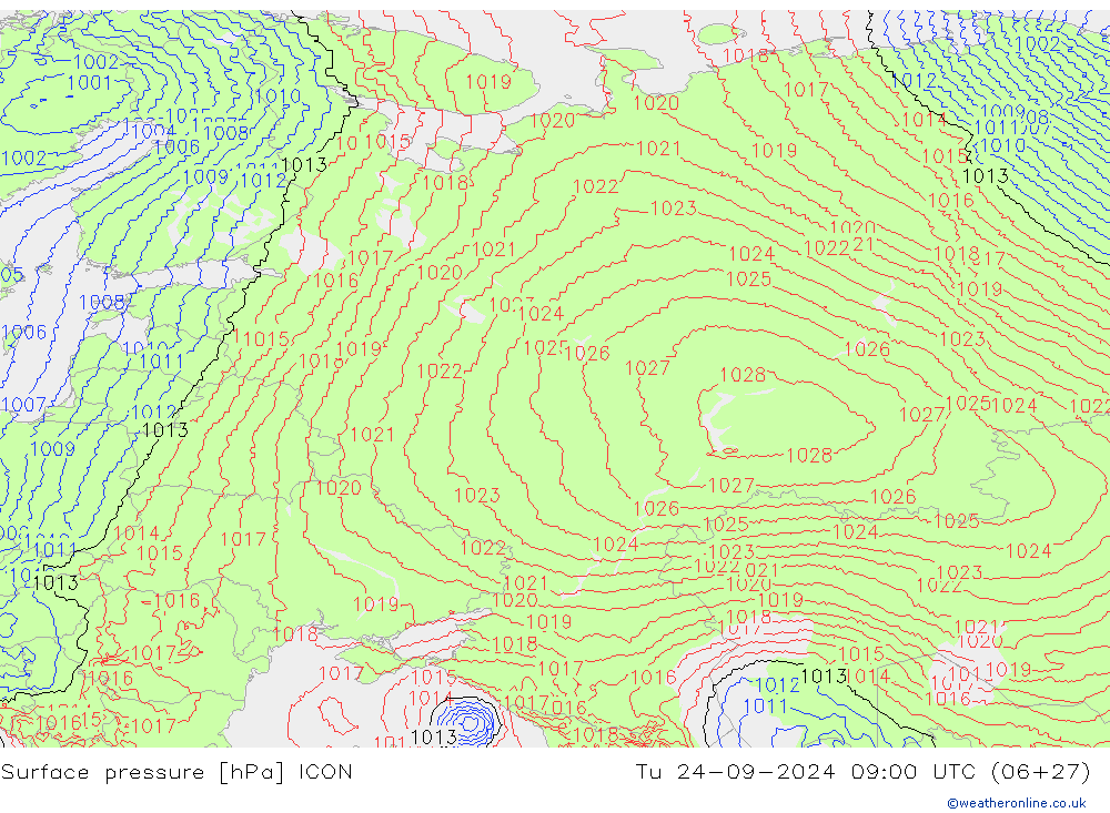 Yer basıncı ICON Sa 24.09.2024 09 UTC