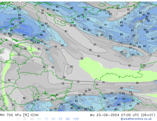 RH 700 hPa ICON Mo 23.09.2024 07 UTC