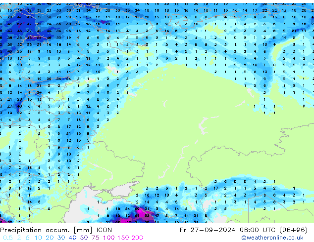 Precipitation accum. ICON Pá 27.09.2024 06 UTC