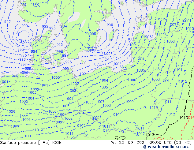 Pressione al suolo ICON mer 25.09.2024 00 UTC