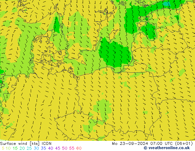 Vento 10 m ICON Seg 23.09.2024 07 UTC