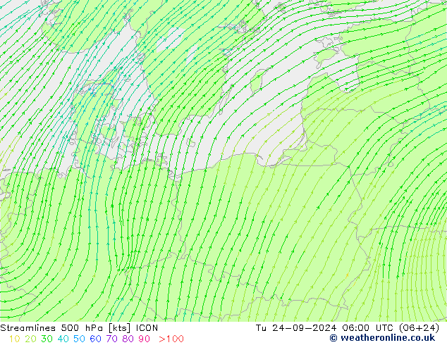 Linia prądu 500 hPa ICON wto. 24.09.2024 06 UTC