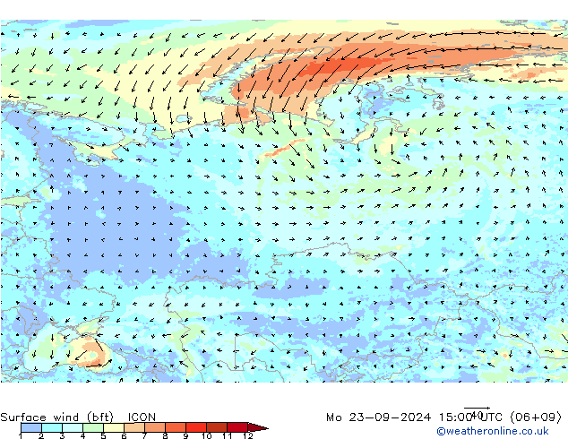 Vento 10 m (bft) ICON Seg 23.09.2024 15 UTC