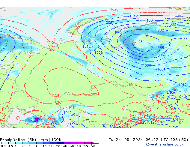 Precipitation (6h) ICON Tu 24.09.2024 12 UTC