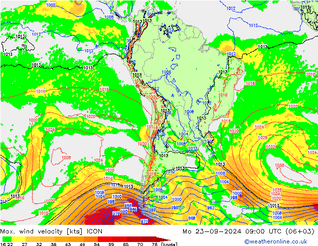 Max. wind velocity ICON пн 23.09.2024 09 UTC