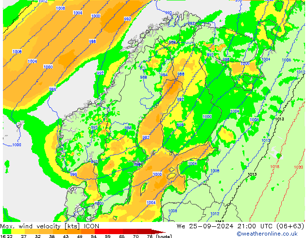 Max. wind velocity ICON We 25.09.2024 21 UTC