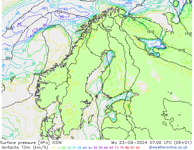 Isotachs (kph) ICON  23.09.2024 07 UTC