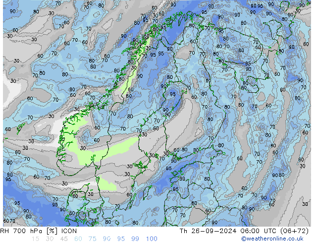 Humedad rel. 700hPa ICON jue 26.09.2024 06 UTC