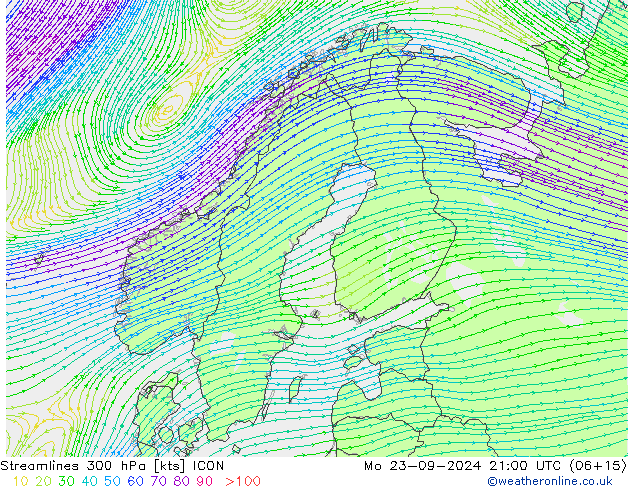 Stroomlijn 300 hPa ICON ma 23.09.2024 21 UTC